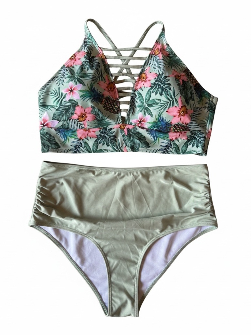 Floral Strappy High-Neck Bikini Top and High-Waist Bottom - Sage Green